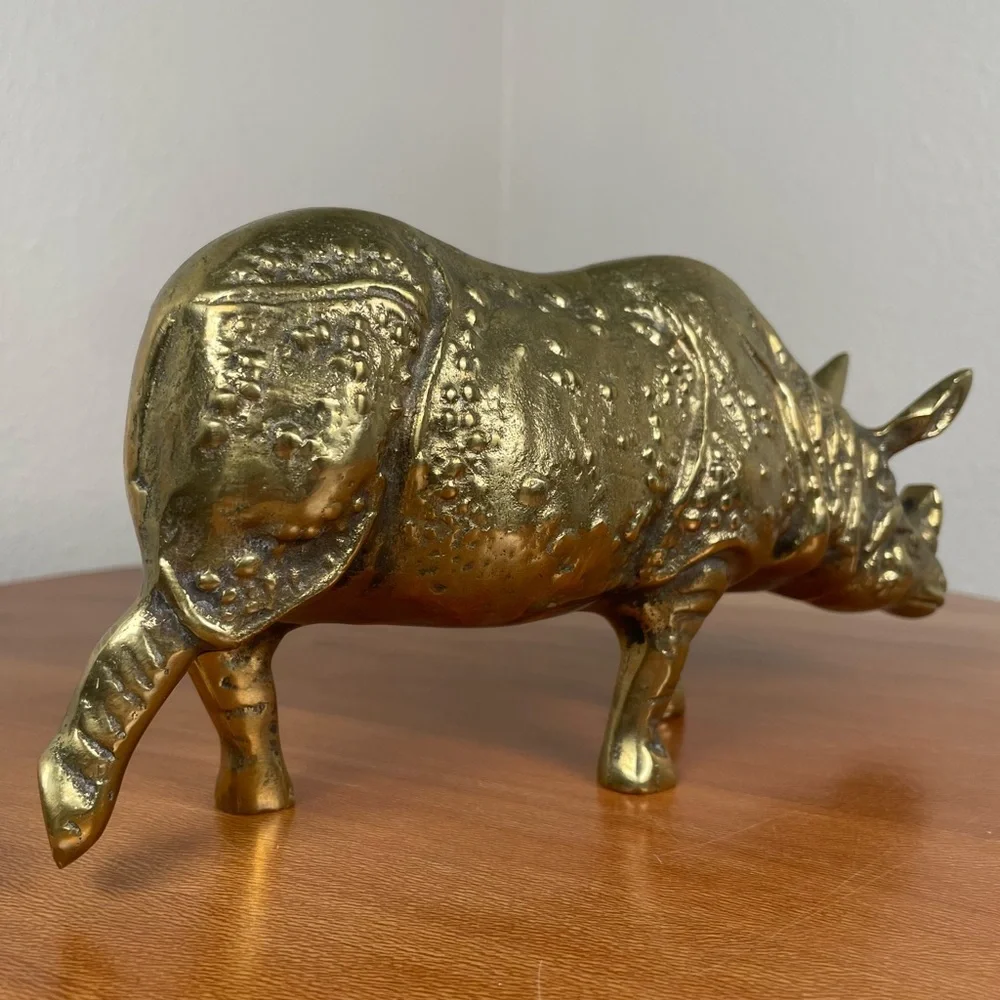 Late 20th-century Sculptural Brass Rhino Figurine Detailed Decorative Vintage